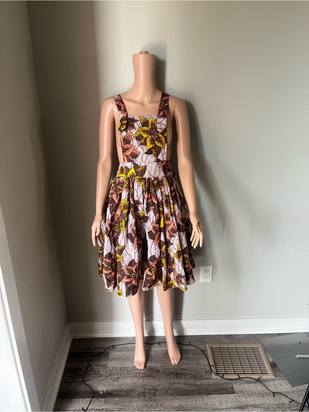 Sleeveless Floral Fit-and-Flare Dress in Yellow & Brown